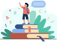 illusration of student standing on books with hand raised