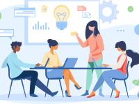 four professionals use technology to brainstorm and look at data