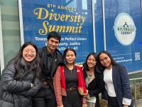 Participants presented their stories at GW's Diversity Summit in March 2023. From left: Sarah Oh, Susan Rai, Sarah Nini, Bawi Hnem and Meh Sod Paw.
