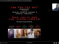 Screenshot from the "Can You See me? Honoring Black Mental Health During A Double Pandemic" event. The speaker shown in the top right corner is Aneesha Perkins.