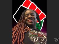 Screencapture from live Zoom event featuring Tonya Jefferson on the screen. Tonya is wearing a Juneteenth t-shirt.