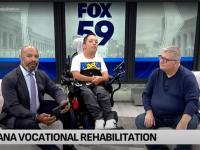 Screenshot from Fox 59 News Report titled "Indiana Vocational Rehabilitation"; (from left to right) News Anchor Daniell Miller, Jesus Sanchez Garcia, and GSEHD Alumnus Steve Upchurch