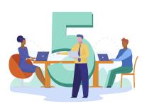 illustration of a large number 5 and three educational leaders working on laptops