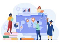 illustration of four professionals around a computer screen with a world map on it