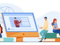 illustration of three professionals on laptops, one large computer screen in the middle