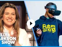 screenshot of video featuring Kelly Clarkson on the left and a person wearing a VR headset and "Future Kings" hoodie on the right