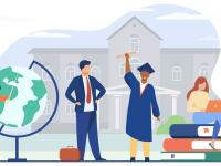 illustration of professor, dean, graduate and student on laptop