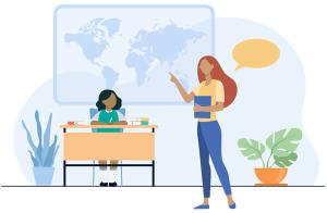 Illustration by pch.vector on Freepik of elementary student sitting at desk and teacher pointing to map on wall