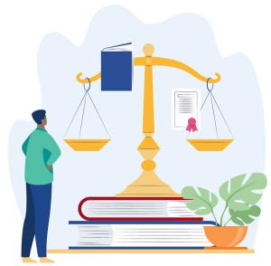 Illustration by Freepik with person staring upward at large scales of justice placed on two books, folder and document hovering in foreground