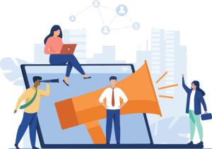 illustration of large laptop and megaphone in background, four professionals smaller in scale; one looks through telescope, one sits on top of laptop element working on a laptop, woman holding small bag waves upwards to her, man stands in center   - Image by pch.vector on Freepik