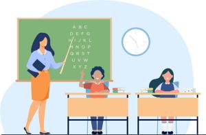 illustration by pch.vector on Freepik of teacher pointing at chalkboad, 2 elementary student sitting at desk