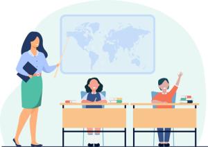 illustration of teacher pointing to world map, two elementary students listen, one raises hand to answer the question