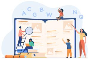 illustration of teacher guiding students in research