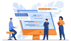 illustration of three professionals completing online training