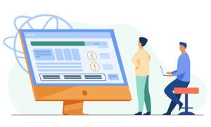 illustration of two professionals studying data on a large computer in front of them