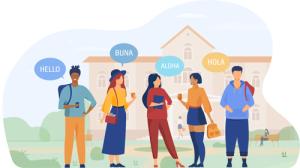 illustration of higher ed leader saying hi to students, all answering "hello" in different languages
