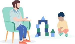 illustration of play therapist interacting with and observing a child while they play with blocks