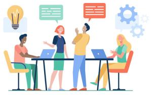 illustration of 4 professionals collaborating around conference table, laptops open; light bulb, gears turning and conversation bubbles above them