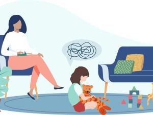 illustration of play therapist observing child while they play with a stuffed animal