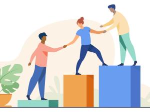 illustration of three adults helping each other climb up steps