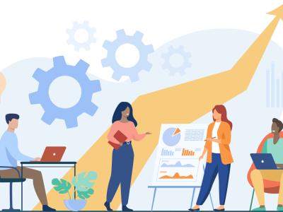 illustration of four business professionals in an office setting, one working on laptop at desk with light bulb above his head, two females reviewing large chart, man seated and working on laptop;, large arrow pointing upward and gears in the background