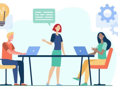 illustration by pch.vector on Freepik of professional female standing and speaking to two colleagues seated at conference table