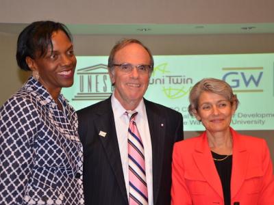U.S. Ambassador to UNESCO Crystal Nix-Hines, GSEHD Dean Michael Feuer and UNESCO Director General Irina Bokova pose for group photo at celebration of the installation of GW’s UNESCO chair in international education for development