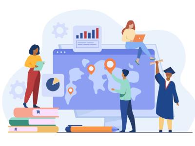 illustration of four professionals around a computer screen with a world map on it