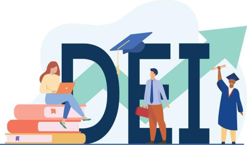 illustration of large "DEI" letters, a female sitting on books with a laptop, a business man with a briefcase and a graduate