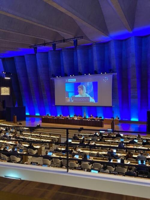 UNESCO Executive Board meeting session that was being moderated by Princess Haifa bint Abdulaziz Al-Mogrin of Saudi Arabia