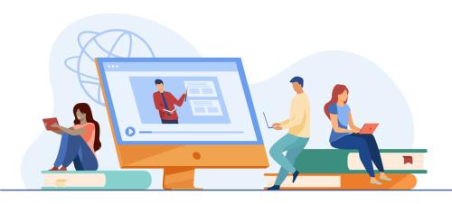 illustration of three professionals on laptops, one large computer screen in the middle