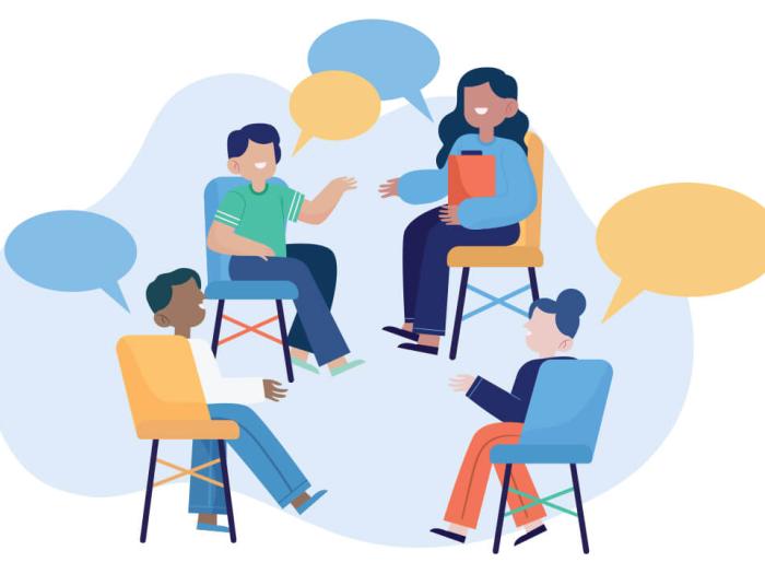 illustration by Freepik of school counselor talking to three students seated in a circle