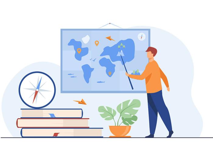 illustration by pch.vector on Freepik of geography teacher pointing to large map on wall