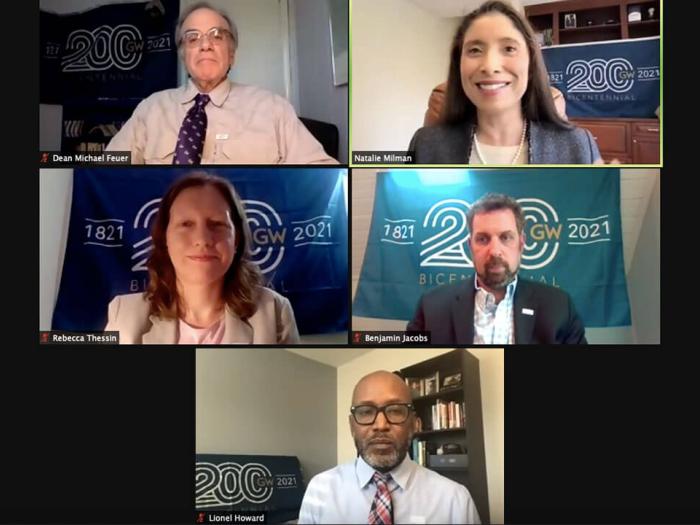 Screenshot of Zoom webinar: From left: Michael Feuer, Natalie Milman, Rebecca Thessin, Benjamin Jacobs and Lionel Howard discussed improving education access post-COVID.