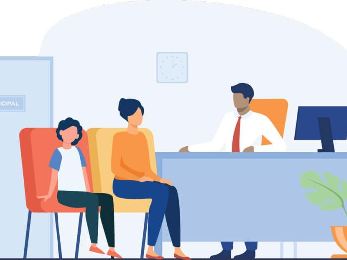 illustration of principal seated behind desk meeting with adult and student in office