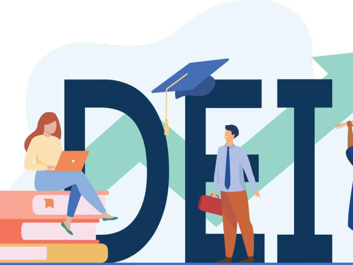 illustration of large "DEI" letters, a female sitting on books with a laptop, a business man with a briefcase and a graduate