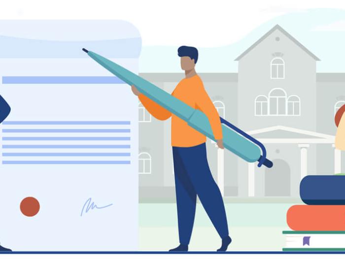 illustration by pch.vector on Freepik of one man holding a large pen with a large document, business man in suit to left, woman on laptop to the right, school in the background