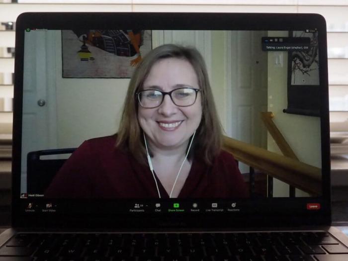 Image of Heidi Gibson speaking on virtual webinar