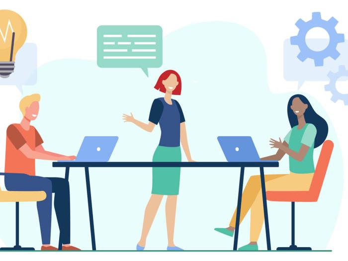 illustration by pch.vector on Freepik of professional female standing and speaking to two colleagues seated at conference table