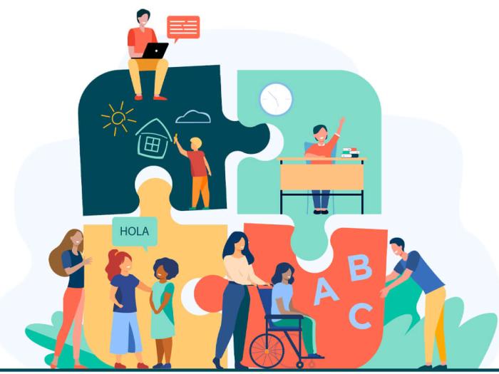 illustration of a group of teachers and special education students overlayed on background of four puzzle pieces (image thanks to pch.vector on Freepik)