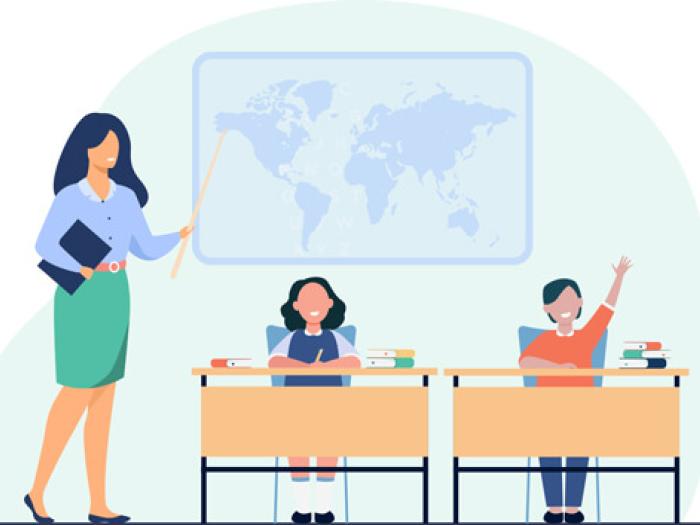 illustration of teacher pointing to world map, two elementary students listen, one raises hand to answer the question