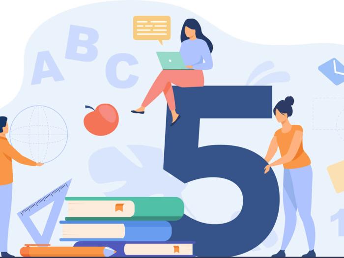 illustration of three educators surrounded by "tools" including a notepad, books, folder, letter, apple, etc. One female sits on top of a large "5" working on a laptop that is using screen reader technology
