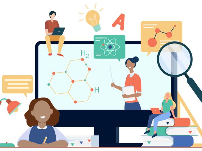 illustration of online course with teacher on large screen and students working on laptops to the sides