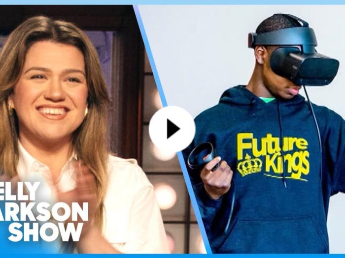 screenshot of video featuring Kelly Clarkson on the left and a person wearing a VR headset and "Future Kings" hoodie on the right