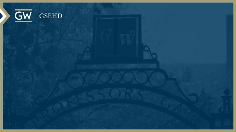 Zoom Background 1: Image of GW Professors Gate with blue overlay, GW GSEHD logo in corner