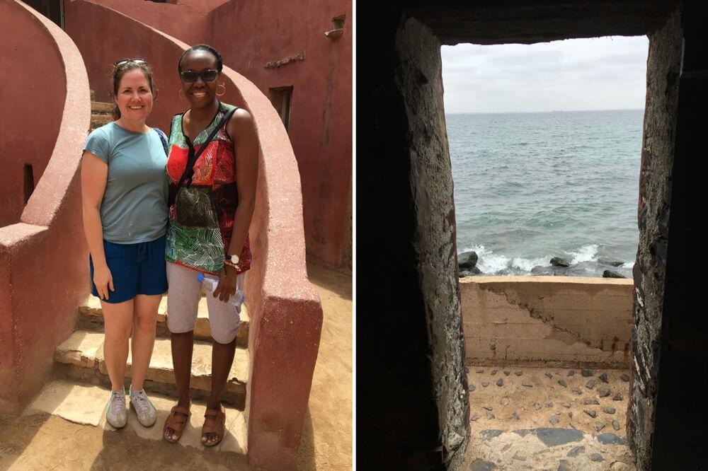 2 photos combined; left:Katherine Tek and Marie Louise Balo Lou pose for photo on stairs while visiting the House of Slaves in Senegal; right: image of sea taken from inside House