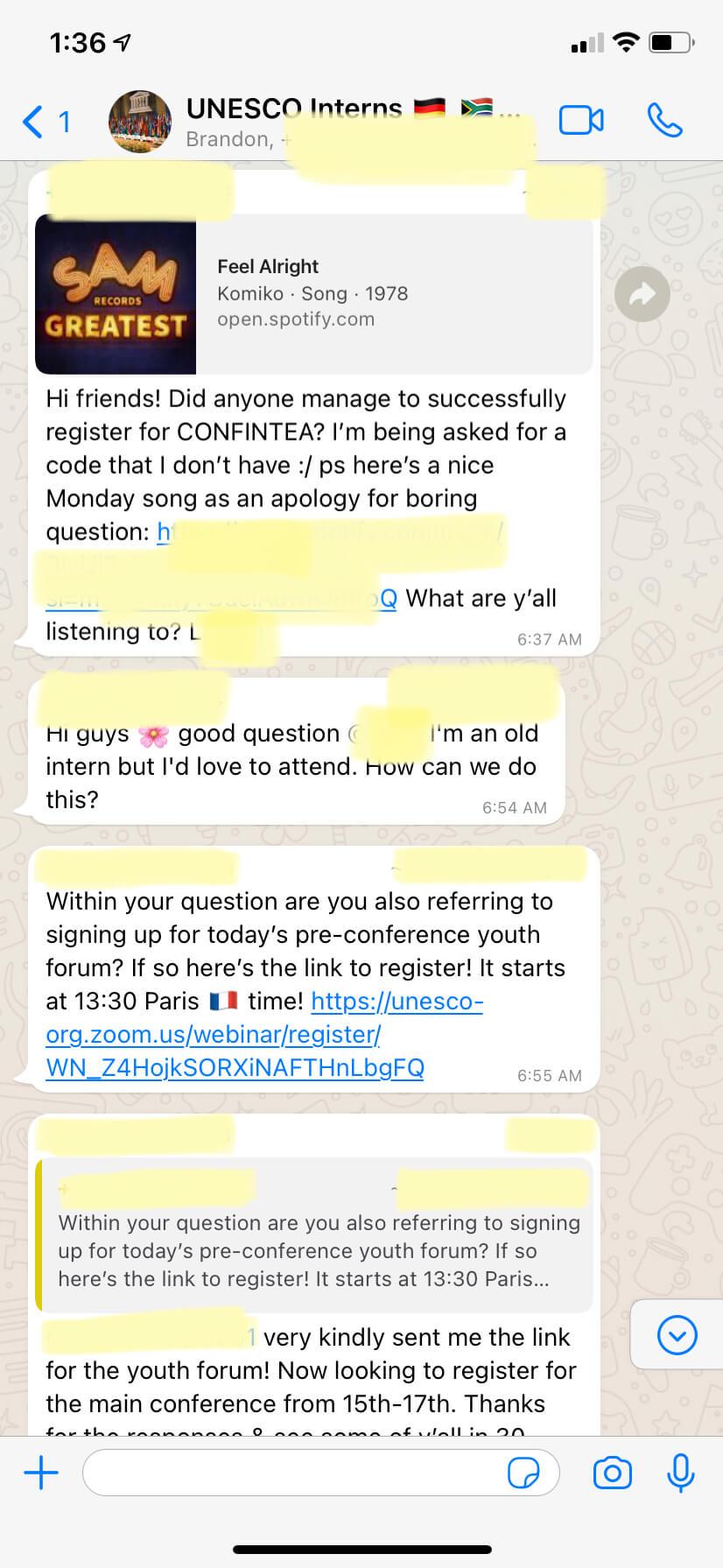 screenshot of UIL Interns WhatsApp Group Chat discussing conference registration