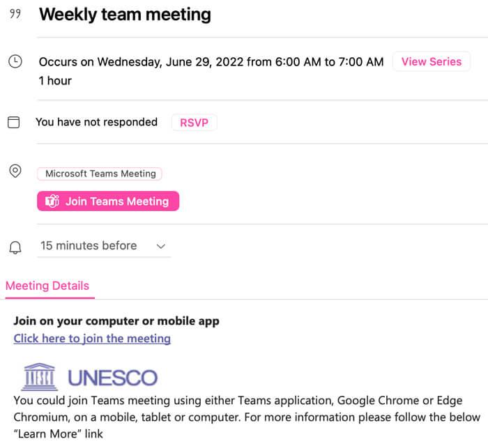 screenshot of calendar invite for team meeting at 6 am EST