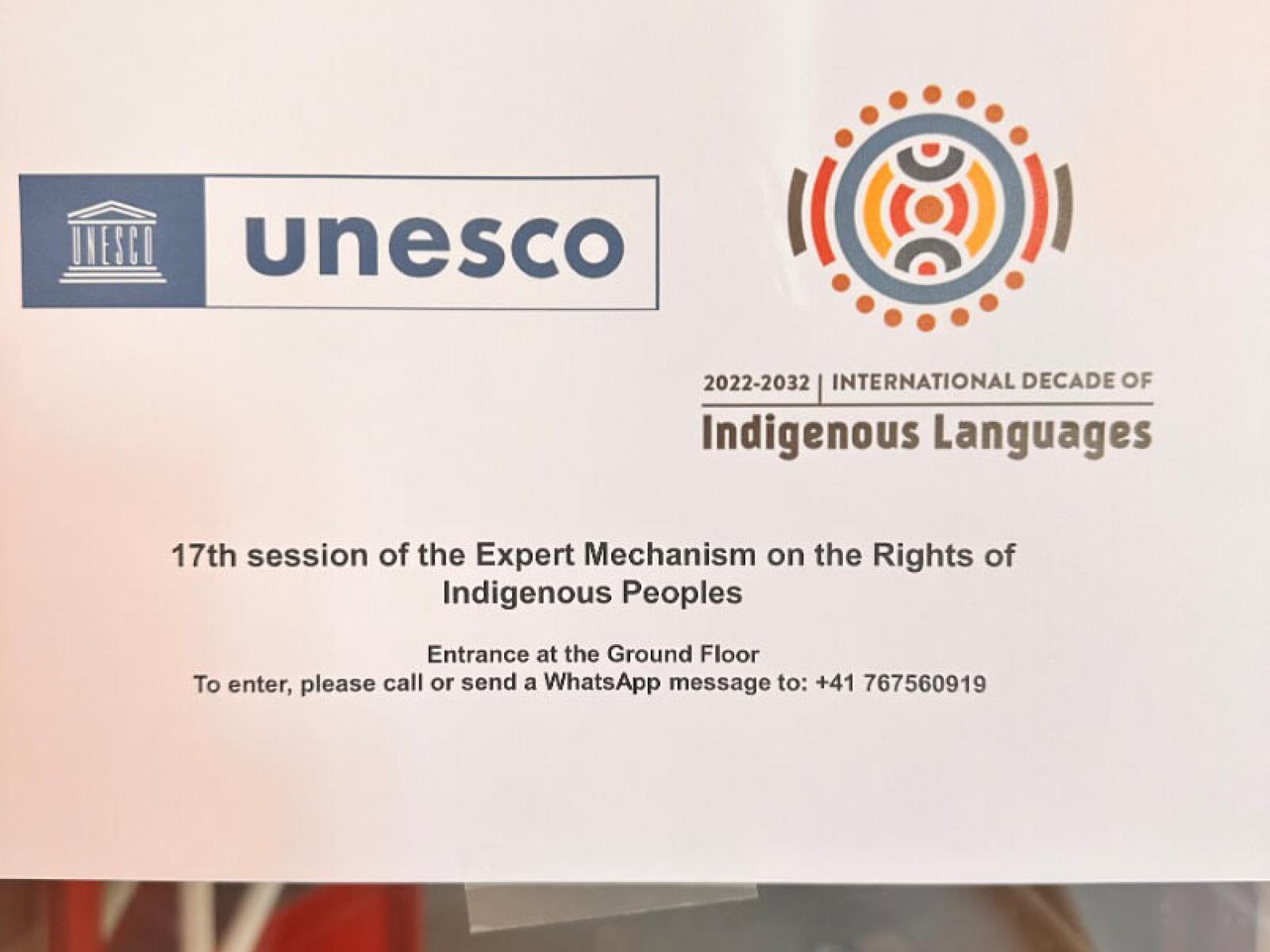 A colorful official poster for the Seventeenth Session of the Expert Mechanism on the Rights of Indigenous Peoples, displayed on a wall in a UN building hallway.