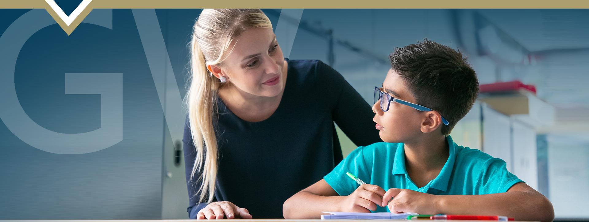 Teacher leans over to check on elementary student sitting at desk (Image by pch.vector on Freepik - https://www.freepik.com/free-photo/cheerful-school-teacher-giving-help-support-schoolboy-class_13996083.htm#&position=5&from_view=user )